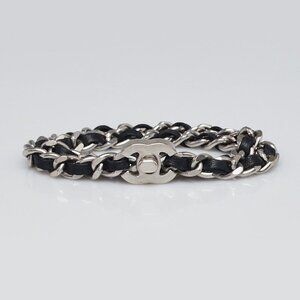Chanel Silver Metal Leather Entwined Chain CC Turnlock Double Wrap Bracelet